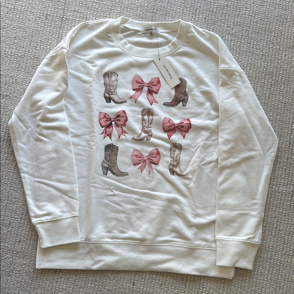 White Sweatshirt with Pink Bows and Boots Design